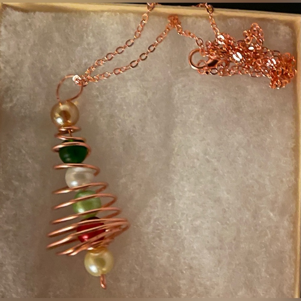 Copper wire Wrapped Christmas Tree Pendant with glass beads.